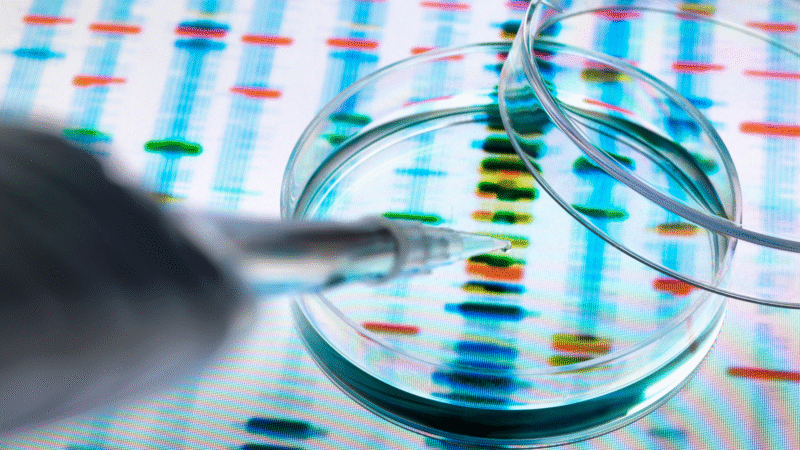 Pipette and petri dish on top of genetic screening results